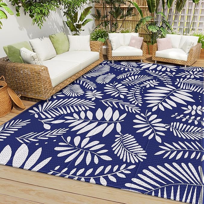 StepRite Outdoor Rug, Patio Rug, Plastic Straw Camping Rugs, Large Waterproof Area Rug and Mat for Outdoors, RV, Patio, Backyard, Deck, Porch, Beach, Balcony, (4'x 6', White & Blue)