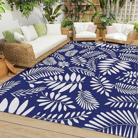 StepRite Outdoor Rug, Patio Rug, Plastic Straw Camping Rugs, Large Waterproof Area Rug and Mat for Outdoors, RV, Patio, Backyard, Deck, Porch, Beach, Balcony, (4'x 6', White & Blue)