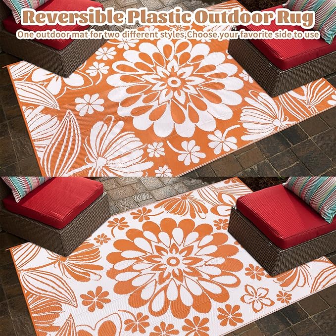 Ileading Outdoor Plastic Straw Rug 6x9ft Funny Floral Style Reversible Patio Area Rugs Waterproof Non Shedding Portable Carpets for Rv Outside Deck Pool Beach Picnic Camping (Orange)