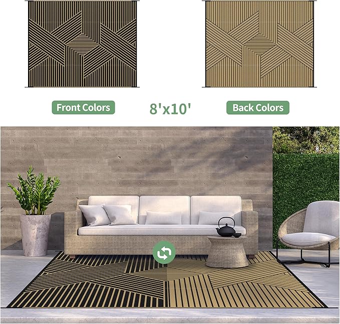 GENIMO Outdoor Rug 8'x10' for Patio Waterproof Clearance, Reversible Outdoor Plastic Straw Rug, Lightweight Carpet Camping Mat for Rv, Camper, Picnic, Balcony, Backyard, Deck, Porch, Black & Brown