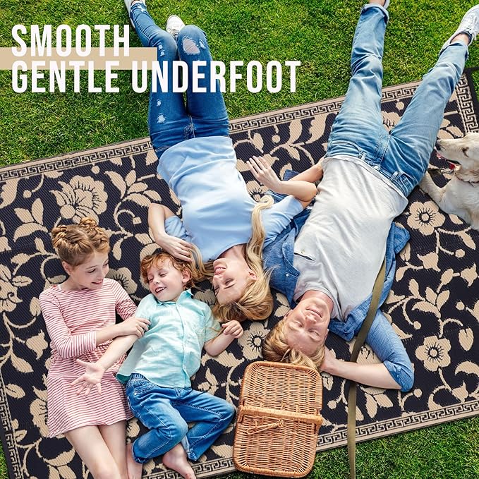 OLANLY Waterproof Outdoor Rug 9x12 ft, Outdoor Plastic Straw Rug with Flower Pattern, Reversible RV Mat for Patio, Camping, Balcony, Deck, Backyard, Black & Beige