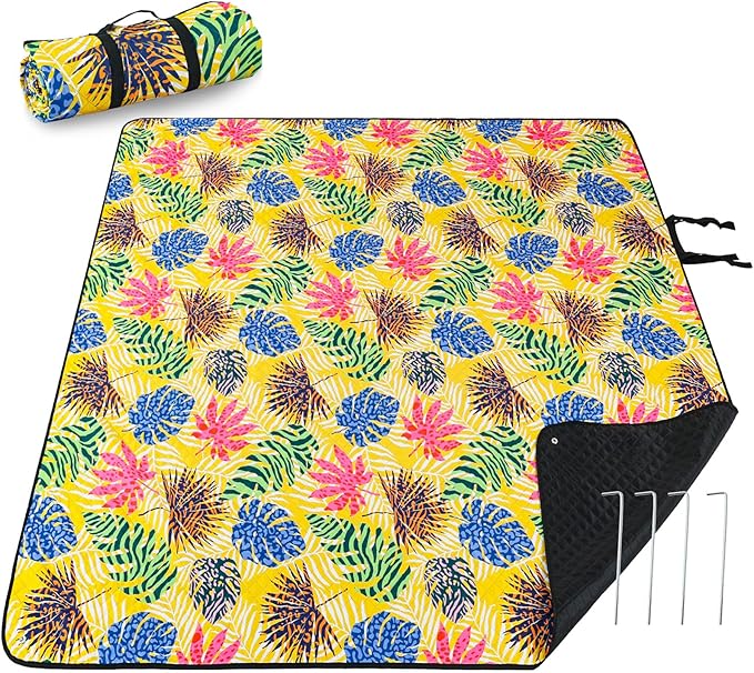PY SUPER MODE Picnic Blankets Extra Large, Waterproof Foldable Outdoor Beach Blanket Oversized 83x79” Sandproof, 3-Layer Picnic Mat for Camping, Hiking, Travel, Park, Concerts-Tropical Color Leaf