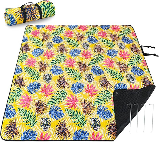 PY SUPER MODE Picnic Blankets Extra Large, Waterproof Foldable Outdoor Beach Blanket Oversized 83x79” Sandproof, 3-Layer Picnic Mat for Camping, Hiking, Travel, Park, Concerts-Tropical Color Leaf