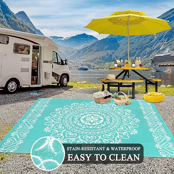 Pauwer Waterproof Outdoor Rug 6x9, Reversible Plastic Straw Patio Camping Rug, Indoor Outdoor RV Mat Carpet for Deck, Camper, Porch, Balcony, Backyard, Picnic, Floral Light Blue