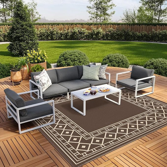 GENIMO Outdoor Rug Waterproof for Patio Decor, 10'x10' Foldable Reversible Plastic Straw Carpet, Outside Area Mat for Rv, Deck, Picnic, Porch, Camper, Balcony, Beach, Coffee & Beige