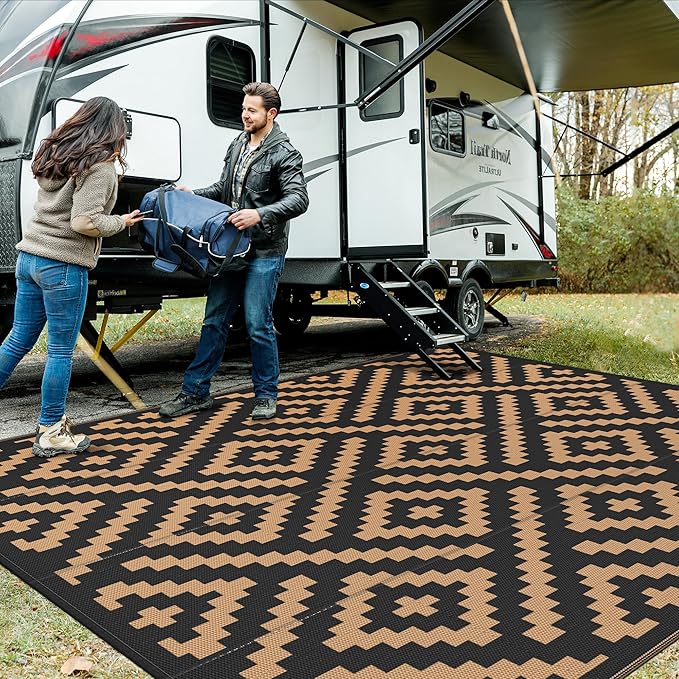 GENIMO Outdoor Rug Waterproof, 10' x 10' Reversible Plastic Straw Rugs, Lightweight Large RV Camping Mat for Patio, Deck, Camper, Balcony, Backyard, Picnic, Black & Brown