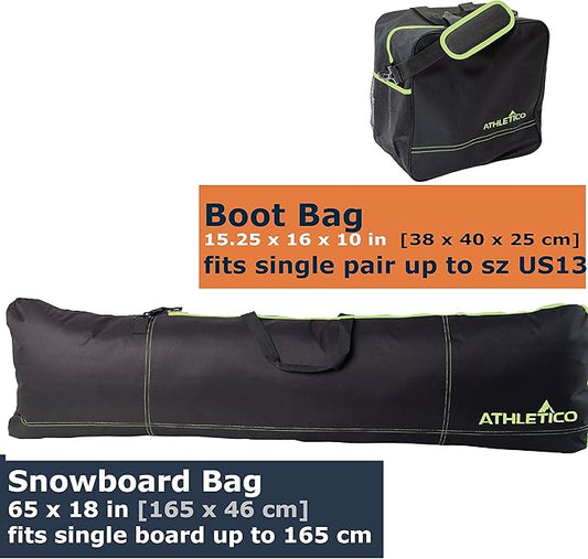Athletico Two-Piece Snowboard and Boot Bag Combo | Store & Transport Snowboard Up to 165 CM and Boots Up To Size 13 | Includes 1 Snowboard Bag & 1 Boot Bag (Black)