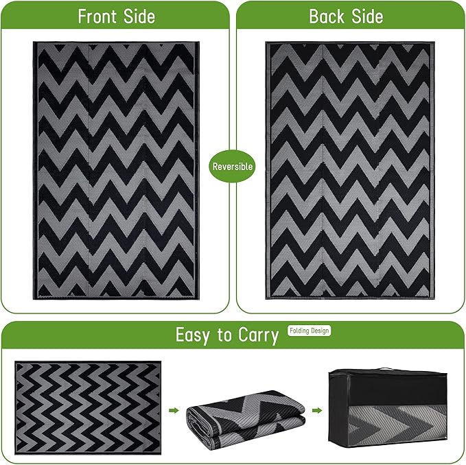 Easy-Going Reversible Outdoor Rugs 4x6ft Waterproof Plastic Straw Rug Stain & UV Resistant Floor Mat for Patio Porch RV Backyard Pool Deck Picnic Beach Trailer Camping (Waved Black & Grey)