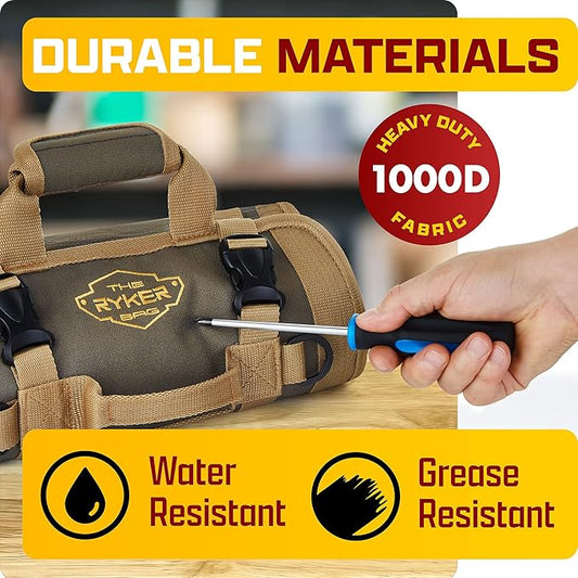 The Ryker Roll Up Tool Bag Organizer Gifts for him (2-pack) Heavy Duty Small Motorcycle Tool Roll Bag Organizer Portable Rollup Toolbag w/Detachable Pouches Mens gifts for Dad, Mechanic & Hobbyist