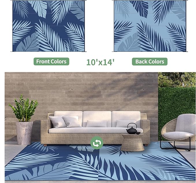 GENIMO Outdoor Rug 10' x 14' Waterproof for Patios Clearance, Reversible Outdoor Plastic Straw Camping Rug Carpet, Large Area Rugs Mats for RV, Camper, Deck, Balcony, Porch, Beach, Navyblue&Babyblue