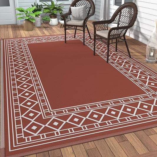 GENIMO Outdoor Rug Waterproof 6'x9' for Patio, Foldable Reversible Plastic Straw Carpet for Travel Trailers, Outside Area Mat for Rv, Deck, Picnic, Porch, Camper, Balcony, Beach, Brick Red