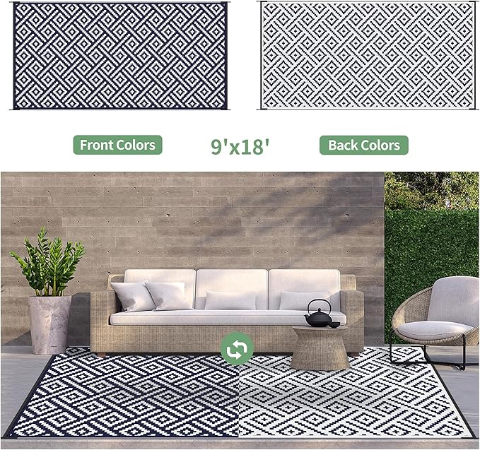 GENIMO Outdoor Rug for Patio Clearance, 9'x18' Waterproof Camping Mat, Reversible Plastic Straw Rugs for RV, Camper, Balcony, Backyard, Picnic, Deck (Navy Blue & White)