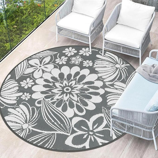 Ileading Round Outdoor Plastic Straw Rug 6ft Funny Floral Style Reversible Patio Area Rugs Waterproof Non Shedding Portable Carpets for Rv Outside Deck Pool Beach Picnic Camping (Grey)