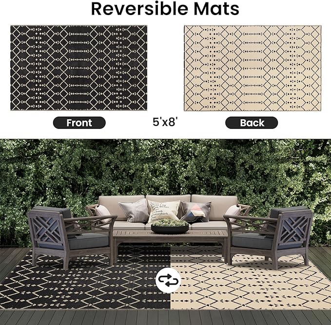 Smiry Outdoor Rug 5x8 ft, Waterproof Reversible Plastic Straw Rugs, Boho Outdoor Area Rug, Outside Floor Mat for Patio, Backyard, Deck, Picnic, Beach, Camping, Beige