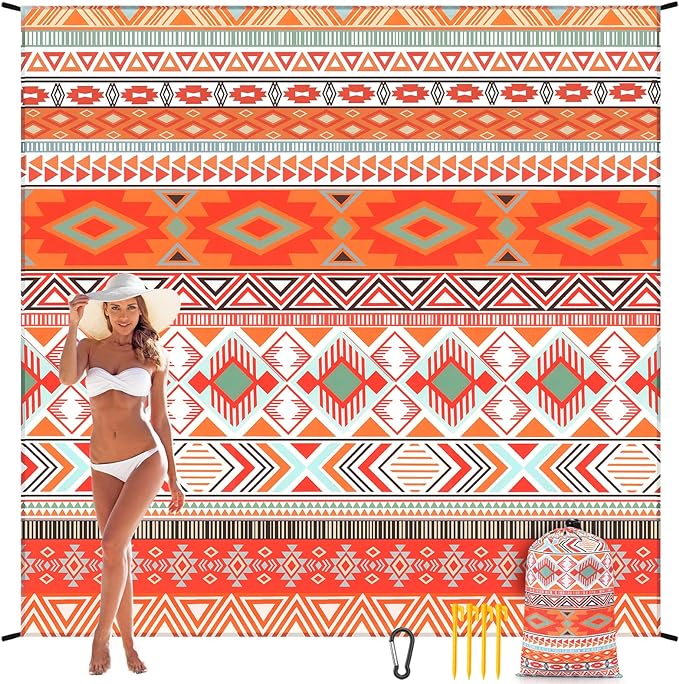 Beach Blanket, Sandproof Beach Mat, Waterproof Quick Drying Lightweight Outdoor Aztec Picnic Mat 79" X 83"/120"x108" for 2-8 Adults for Travel, Camping, Hiking