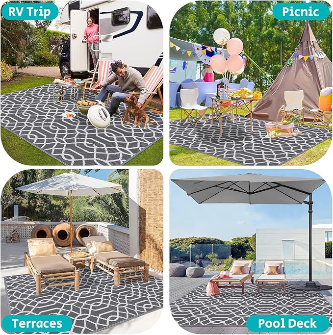 HEBE Outdoor Rug 9'x12' for Patios Waterproof Clearance Reversible Patio Mat Plastic Straw Rug RV Camping Mat Outside Area Rug Carpet for Camping RV,Porch,Deck,Balcony,Camper,Backyard