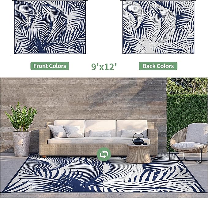 GENIMO Outdoor Rug 9' x 12' Waterproof for Patio Clearance, Reversible Plastic Straw Camping Carpet, Lightweight Mats for Rv, Backyard, Deck, Porch, Picnic, Beach, Balcony, Blue & White