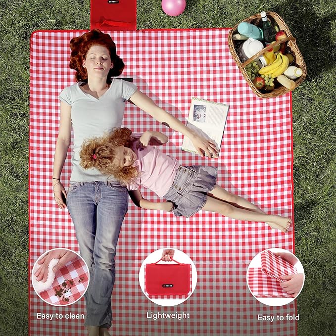Picnic Blanket Outdoor Extra Large Picnic Mat 80"X60" Camping Blanket Beach Blanket Foldable Waterproof Sand Mat Hiking Travel Family Concerts(Red)