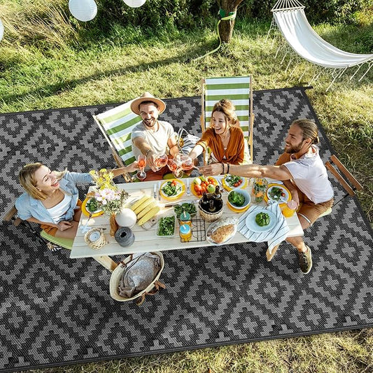 Outdoor Patio Plastic Straw Rug - 4'x6' Outdoor Camping Rug Waterproof Reversible, Area Carpet Patios Clearance RV, Outside Porch Balcony Deck for Camper, Black & Grey