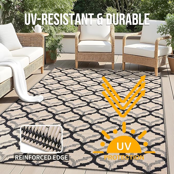 OLANLY Reversible Outdoor Rug 5x8 ft Clearance, Waterproof Outdoor Plastic Straw Rug with Interlacing Pattern, RV Mat for Patio, Camping, Balcony, Deck, Backyard, Black & Beige