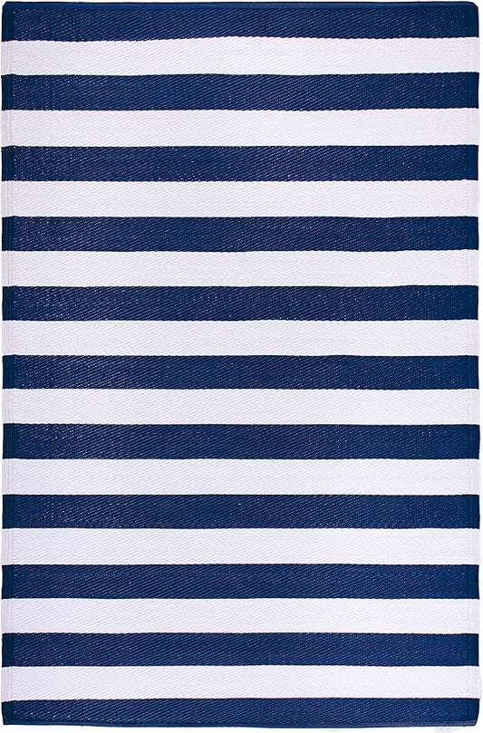FH Home Outdoor Rug - Waterproof, Fade Resistant, Reversible - Premium Recycled Plastic - Striped - Patio, Deck, Porch, Balcony, Laundry Room - Brittany Stripe - Blue & White Crease Free - 4 x 6 ft