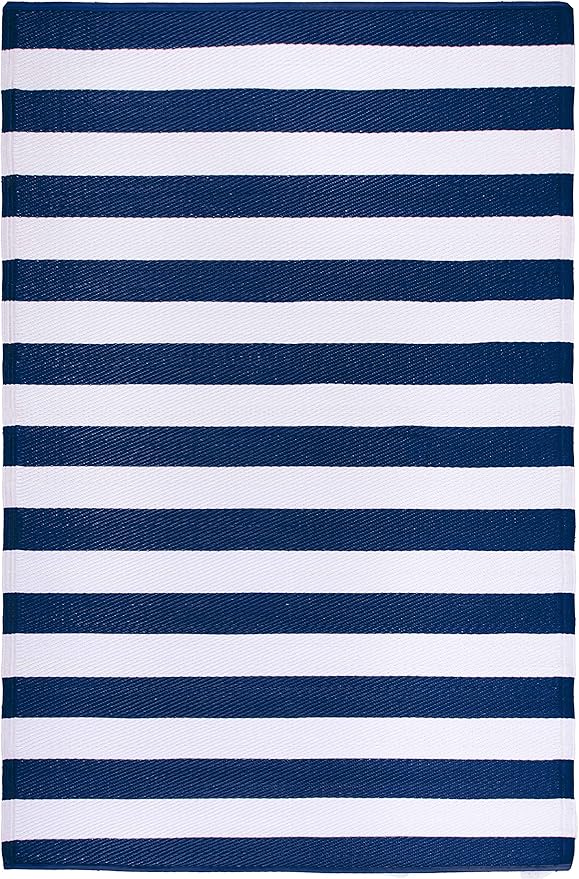FH Home Outdoor Rug - Waterproof, Fade Resistant, Reversible - Premium Recycled Plastic - Striped - Large Patio, Deck, Sunroom, Camping, RV - Brittany Stripe - Blue & White Crease Free - 6 x 9 ft