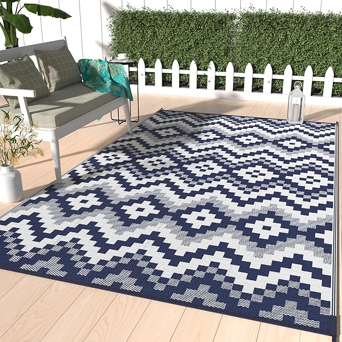 GENIMO Outdoor Rug for Patio, 5' x 8' Lightweight Waterproof Plastic Straw Rugs, Reversible Camping Carpet, Large Area Rugs Mat for Rv, Deck, Balcony, Porch, Backyard, Blue & White