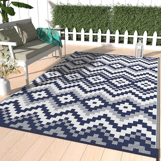 GENIMO Outdoor Rug for Patio, 5' x 8' Lightweight Waterproof Plastic Straw Rugs, Reversible Camping Carpet, Large Area Rugs Mat for Rv, Deck, Balcony, Porch, Backyard, Blue & White