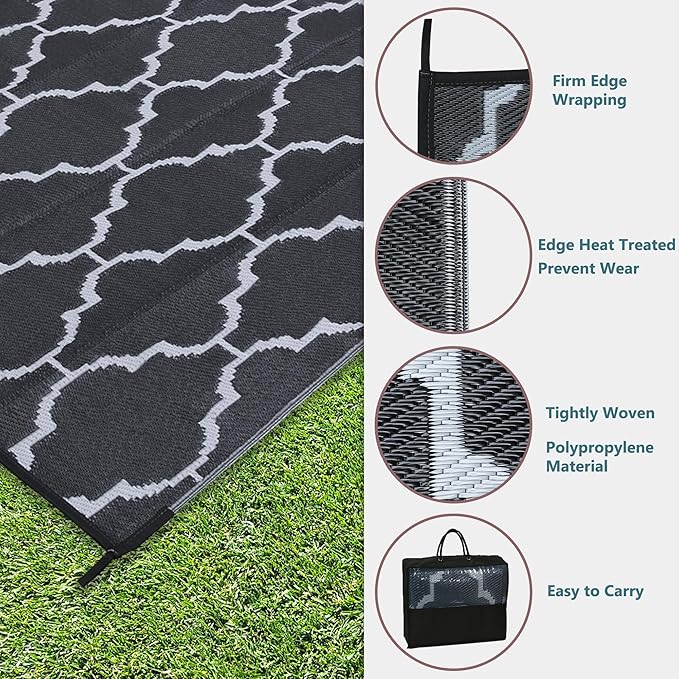 Ogrmar 6x9 FT Reversible Mats, Outdoor Rug for Patio Clearance, Waterproof Carpet, Plastic Straw Rug for Indoor Outdoor, Floor Mat&Rug for RV Porch Camping Backyard Deck Balcony Beach Trailer (Black)