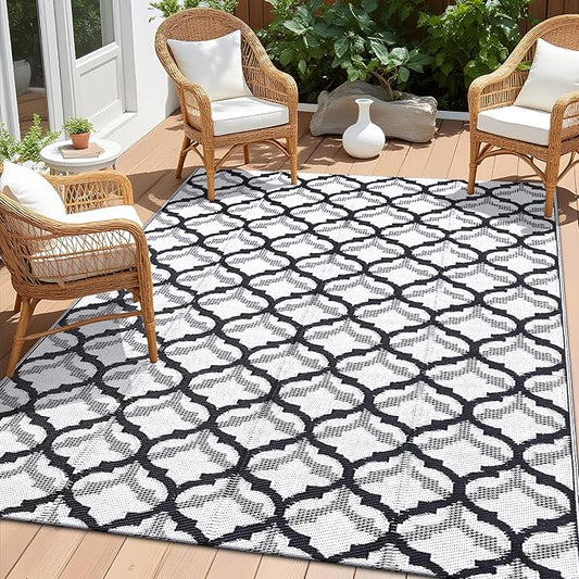 OLANLY Reversible Outdoor Rug 5x8 ft Clearance, Waterproof Outdoor Plastic Straw Rug with Interlacing Pattern, RV Mat for Patio, Camping, Balcony, Deck, Backyard, Black & White