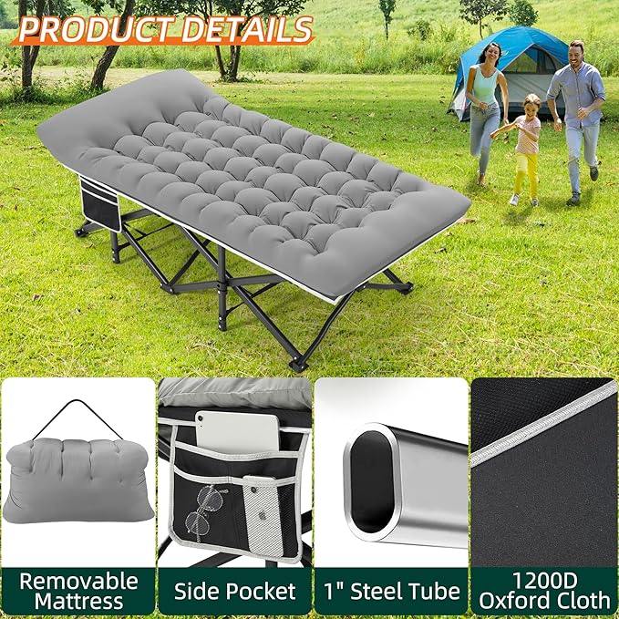 Portable Camping Cot, 32" Extra Wide Camping Cots for Adults with Thick Mattress, Heavy Duty Sleeping Cot Holds Up to 600LBS, Cots for Sleeping, Rv, Beach, Patio, Office Naps(Grey)