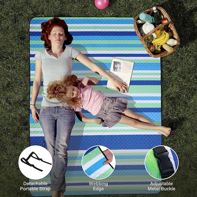 HX&OD Extra Large Picnic Blanket Outdoor 80”x80” Waterproof Picnic Mat Foldable 3-Layer Camping Blanket Portable with Carry Strap Park Blanket for Grass(Blue)