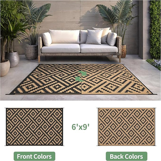 Outdoor Rug for Patio - Waterproof Plastic Straw Camping Rugs 6x9 ft, Reversible Outdoor Indoor RV Mat Carpet for Patio, Porch, Deck, Balcony, Picnic, Beach, Black Brown