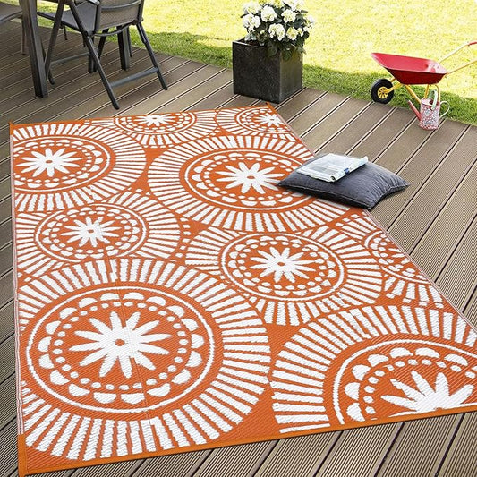 Ileading Outdoor Plastic Straw Rug 5x8ft Modern Geometric Style Reversible Patio Area Rugs Waterproof Non Shedding Portable Carpets for Rv Outside Deck Pool Beach Picnic Camping (Orange)