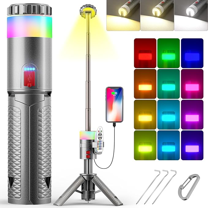 Telescopic Camping Light, 2000LM 10000mAh Rechargeable Camping Lantern with 15 Colors, Remote, IPX4 Waterproof, 180°Rotatable Portable Outdoor Tent Light for Power Outages, Working and Hiking