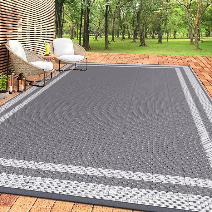 HappyTrends,Outdoor Rug,Patio Rug,Reversible Portable Plastic Straw Rug,Camping Rugs for Outside RV,Large Waterproof Area Rugs for Patio,Deck,Picnic,Porch,Balcony(6'x 9',White&Gray)