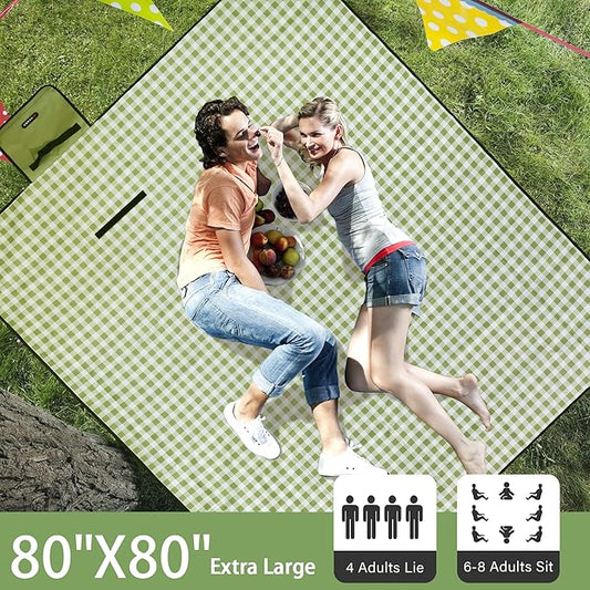 Outdoor Picnic Blanket 80"X80" Picnic Mat Extra Large Camping Blanket Beach Blanket Foldable Waterproof Sand Mat Hiking Travel Family Concerts(Green)