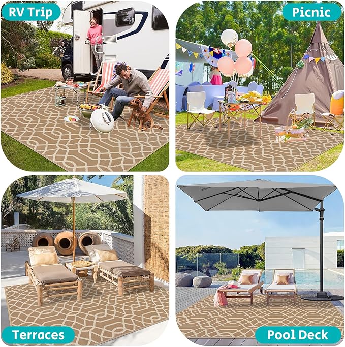 HEBE Outdoor Rug 9'x12' for Patios Waterproof Clearance Reversible Patio Mat Plastic Straw Rug RV Camping Mat Outside Area Rug Carpet for Camping RV,Porch,Deck,Balcony,Camper,Backyard