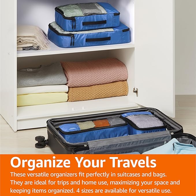 Amazon Basics Packing Cubes for Travel, Packing Organizers Set, 4-Piece-Set (Slim, Small, Medium, Large) With Double Zipper Pulls and Mesh Top Panel, 100% Durable Polyester, Blue