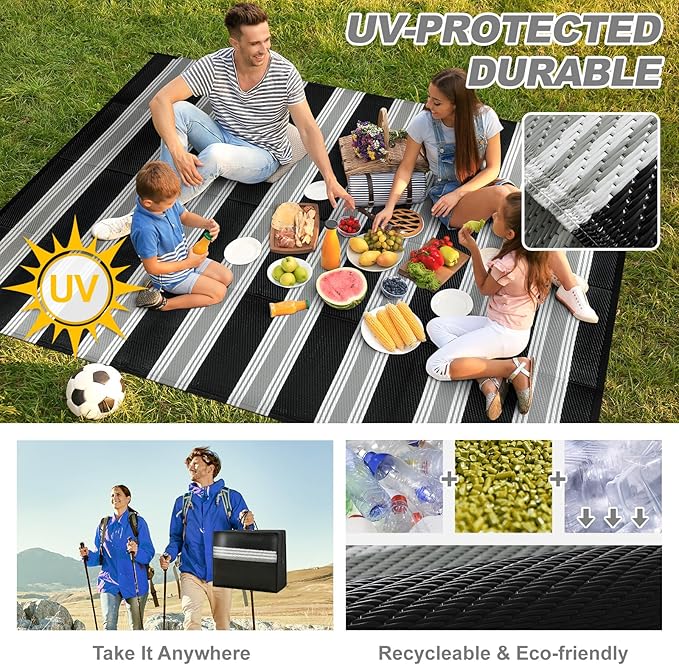Lahome Striped Outdoor Rug 8x10 Patio Waterproof, Reversible Outdoor Plastic Straw Rug for Camping, RV Patio Rugs Outside Large Carpet for Porch Deck Backyard Picnic(Black/Grey,8'x 10')