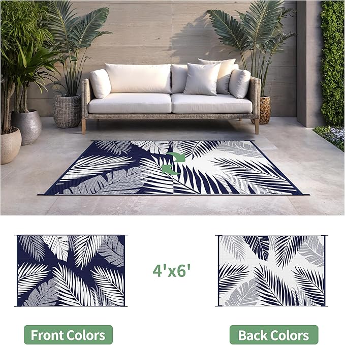Outdoor Rug 4' x 6' for Patio Waterproof Clearance, Reversible Indoor Outdoor Plastic Straw Camping Rug Carpet, RV Mat, Large Area Rug for Deck, Backyard, Balcony, Porch, Navy Blue and White