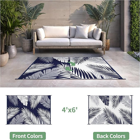 Outdoor Rug 4' x 6' for Patio Waterproof Clearance, Reversible Indoor Outdoor Plastic Straw Camping Rug Carpet, RV Mat, Large Area Rug for Deck, Backyard, Balcony, Porch, Navy Blue and White