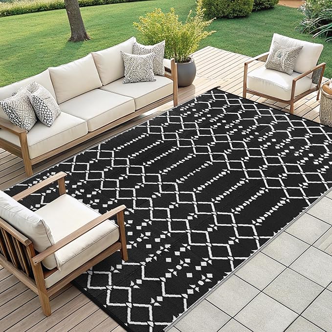 Smiry Outdoor Rug 9x12 ft, Waterproof Reversible Plastic Straw Rugs, Boho Outdoor Area Rug, Outside Floor Mat for Patio, Backyard, Deck, Picnic, Beach, Camping, Black