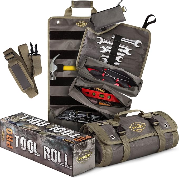 The Ryker PRO Official Roll Up Tool Bag Organizer Gifts for Dad. Motorcycle Tool Bag Organizer for Mechanic & Tools Storage Toolbag Tools Bags Mens gifts for him - w/4 Detachable Pouches & Wrench Roll
