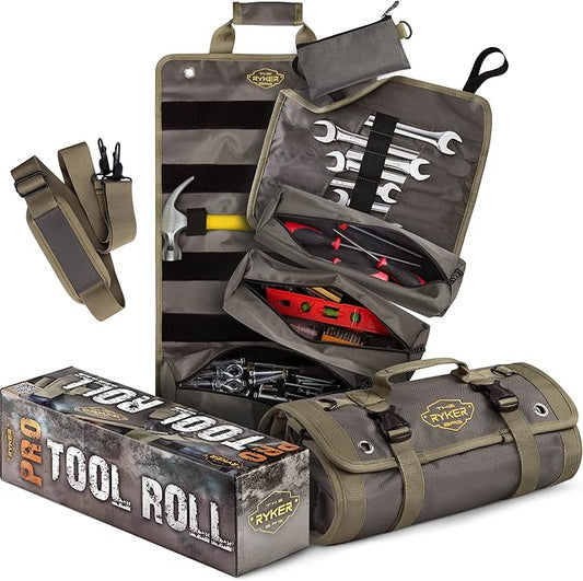 The Ryker PRO Official Roll Up Tool Bag Organizer Gifts for Dad. Motorcycle Tool Bag Organizer for Mechanic & Tools Storage Toolbag Tools Bags Mens gifts for him - w/4 Detachable Pouches & Wrench Roll
