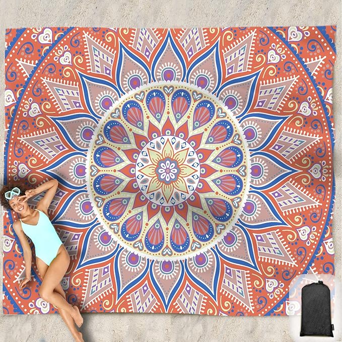 Beach Blanket Waterproof Sandproof Oversized 95”x 80”,Sand Free Beach Mat with Corner Pockets,Portable Mesh Bag for Beach Festival,Picnic,Travel and Outdoor Camping (SunsetOrange Blue)