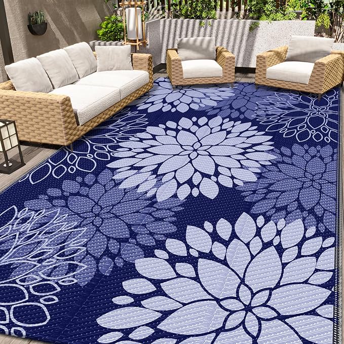 LuxStep Outdoor Rug Waterproof Outdoor Plastic Straw Rug Reversible Patio Rug Mat Outdoor Decor Large Area Mats for RV, Picnic, Backyard, Deck, Balcony, Porch, Beach, Camping, 6'x 9',Blue