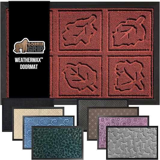 GORILLA GRIP 100% Waterproof All-Season WeatherMax Doormat, Durable Natural Rubber, Stain and Fade Resistant, Low Profile, Indoor Outdoor Door Mats, Easy Clean Entrance Mat, 17x29, Burgundy Leaves