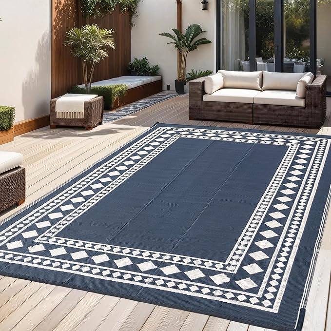 RURALITY Outdoor Rugs 5x8 Waterproof for Patios Clearance,Plastic Straw Mats for Backyard,Porch,Deck,Balcony,Black and Beige