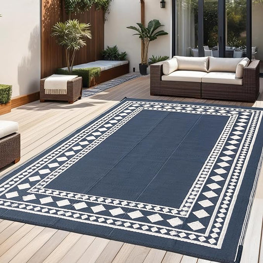 RURALITY Outdoor Rugs 6x9 Waterproof for Patios Clearance,Plastic Straw Mats for Backyard,Porch,Deck,Balcony,Black and Beige